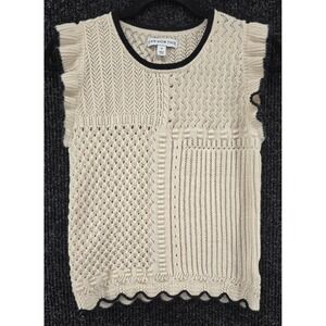 And Now This Women's M Pointelle Knit Sweater Cream Black Ruffle Sleeve Romantic